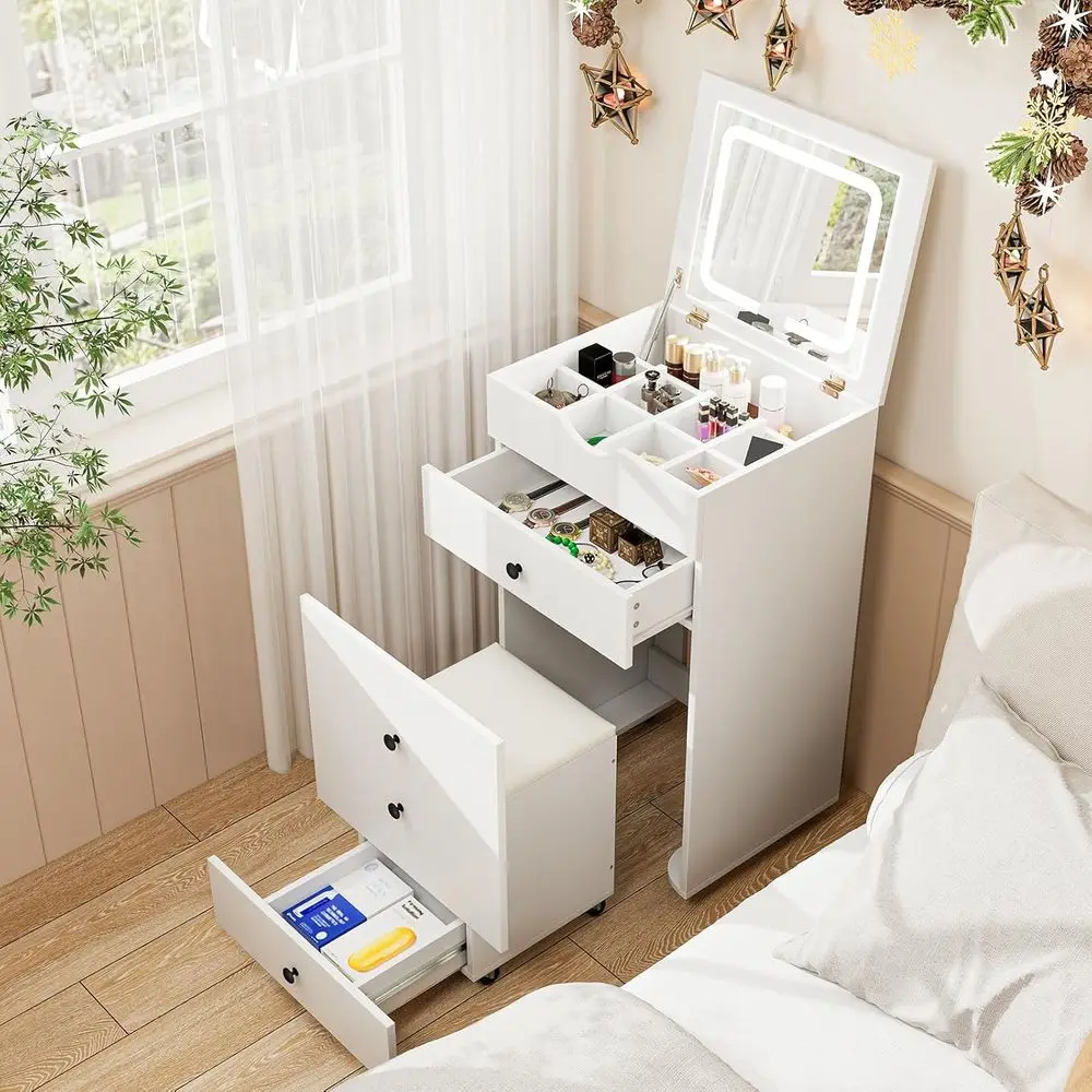 3-in-1 Compact Vanity Desk with Flip Mirror & Lights, Storage Stool, Nightstand on Wheels for Makeup and Small Spaces in White
3-in-1 Compact Vanity Desk with Flip Mirror & Lights, Storage Stool, Nightstand on Wheels for Makeup and Small Spaces in White