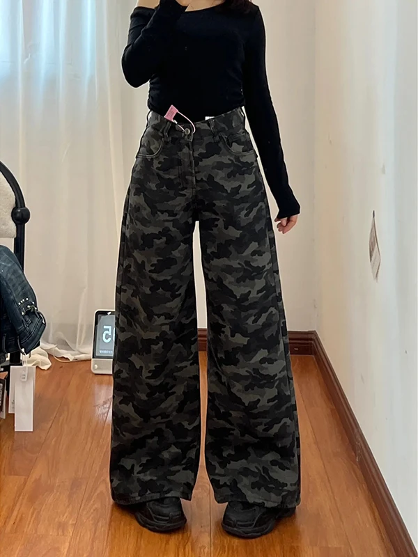 American Retro Camouflage Wide Leg Jeans Women's Loose Straight Casual Trousers Autumn Winter High Waist Pocket Detail
American Retro Camouflage Wide Leg Jeans Women's Loose Straight Casual Trousers Autumn Winter High Waist Pocket Detail
