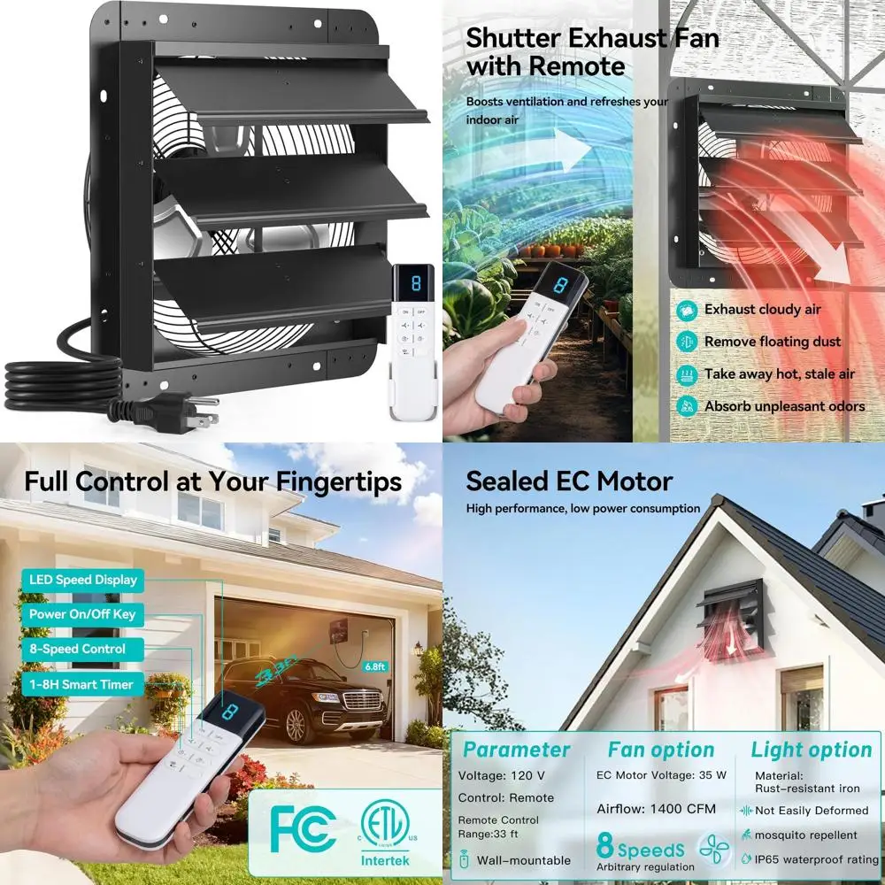 14 Wall-Mounted Shutter Exhaust Fan with 35W EC Motor, Remote, 8-Speeds, Timer, Quiet Operation, Easy Install for Ventilation in
14 Wall-Mounted Shutter Exhaust Fan with 35W EC Motor, Remote, 8-Speeds, Timer, Quiet Operation, Easy Install for Ventilation in