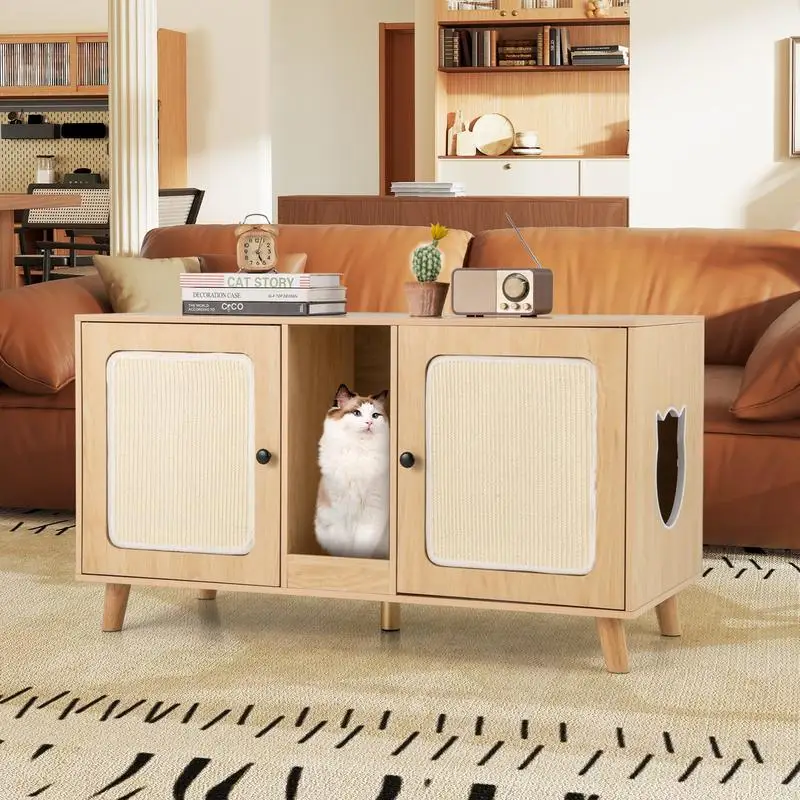 43 Inches Cat Litter Box Enclosure with Double Rooms and 2 Sisal Scratching Mats-Natural
43 Inches Cat Litter Box Enclosure with Double Rooms and 2 Sisal Scratching Mats-Natural