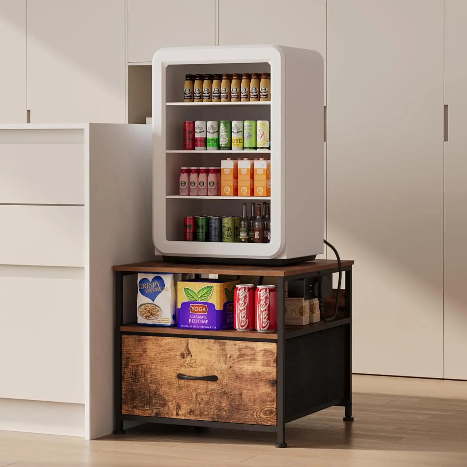 Rustic Brown Mini Fridge Stand with Drawer, Shelf, Charging Station & Adjustable Feet for Home Kitchen
Rustic Brown Mini Fridge Stand with Drawer, Shelf, Charging Station & Adjustable Feet for Home Kitchen