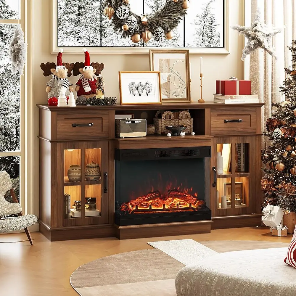 Walnut Modern 65 TV Stand with 3-Sided Electric Fireplace, LED Lights, Drawers & Glass Doors
Walnut Modern 65 TV Stand with 3-Sided Electric Fireplace, LED Lights, Drawers & Glass Doors
