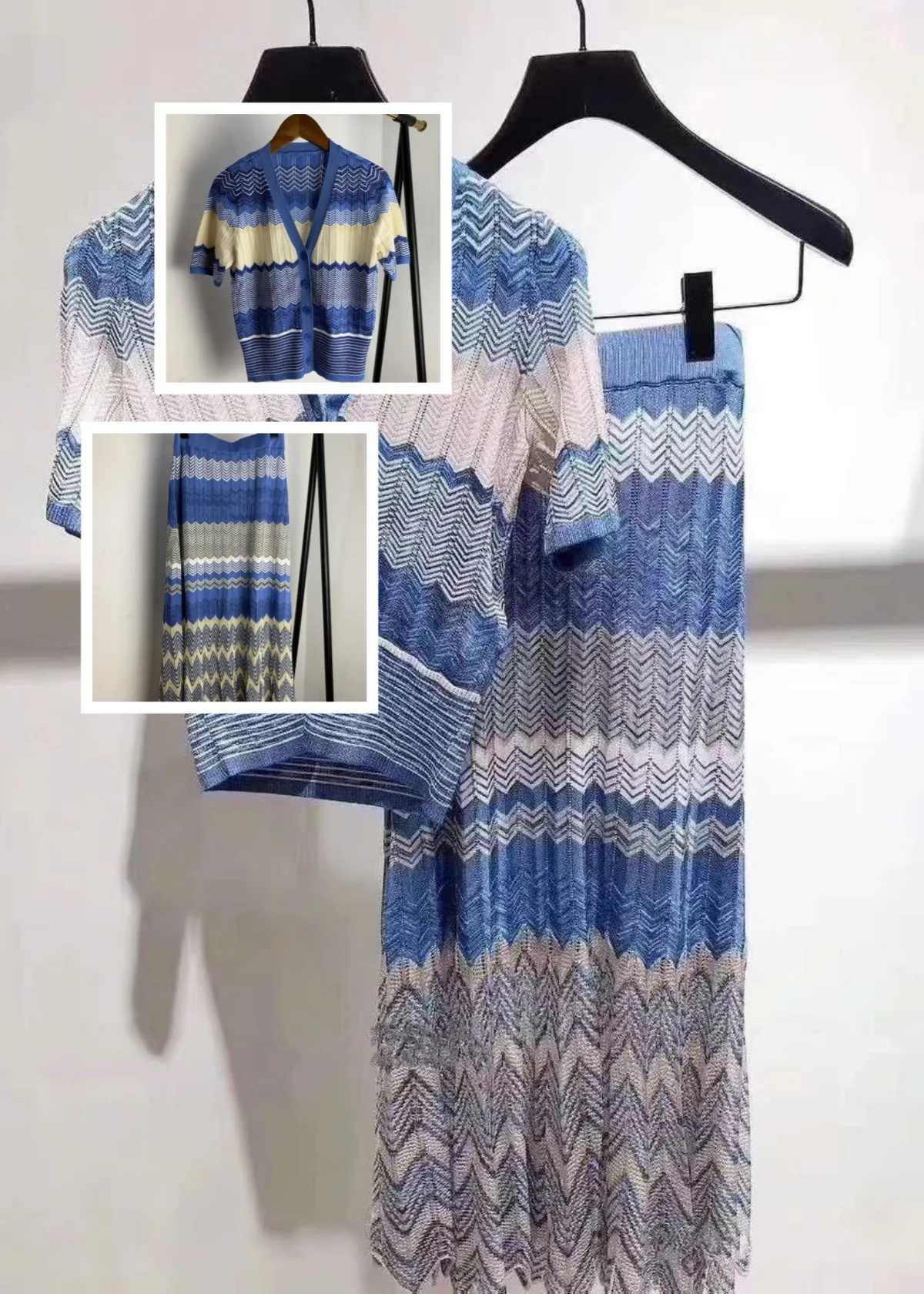 Women 2-Piece Suit V-Neck Striped Contrast Color Short-Sleeve Knit Sweater Cardigan + Package Hip Slim Knitted Skirt
Women 2-Piece Suit V-Neck Striped Contrast Color Short-Sleeve Knit Sweater Cardigan + Package Hip Slim Knitted Skirt