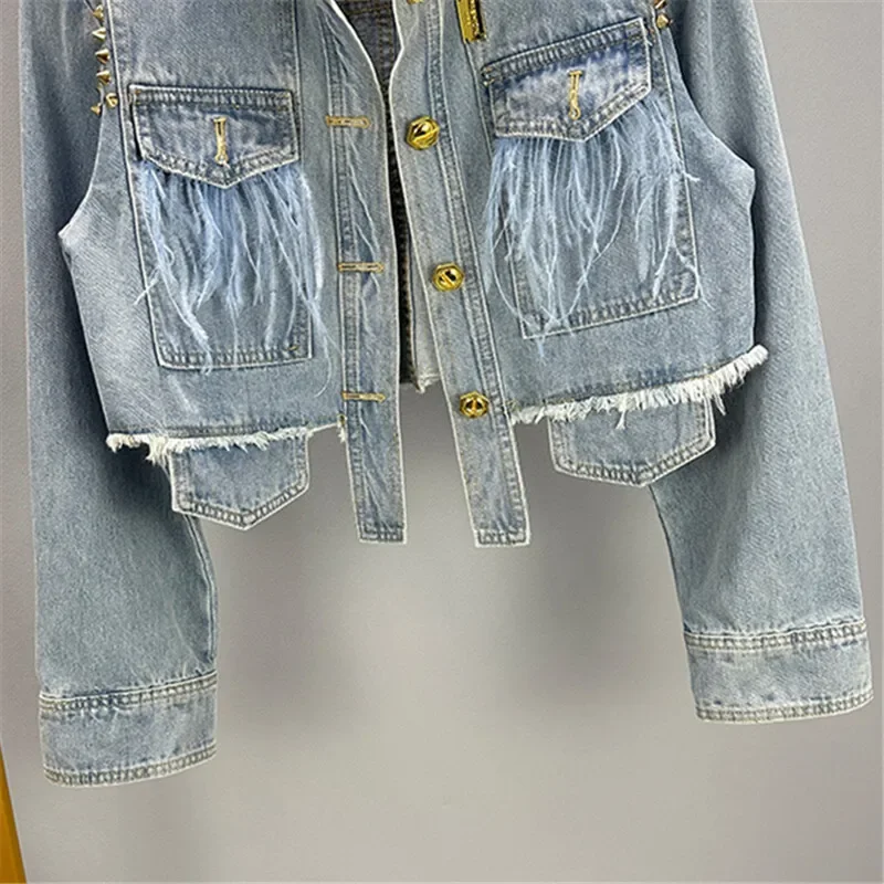 Spring Autumn Bead Rivet Feather Decoration Light Blue Short Jeans Jacket Frayed Burrs Hem Lapel Long Sleeve Female Denim Jacket
Spring Autumn Bead Rivet Feather Decoration Light Blue Short Jeans Jacket Frayed Burrs Hem Lapel Long Sleeve Female Denim Jacket