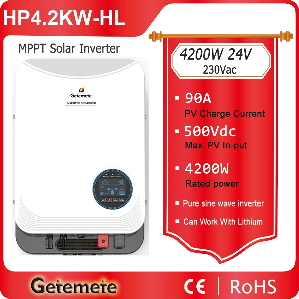 Getemete 4200W 24V MPPT 90A Solar Hybrid Inverter 230VAC Pure Sine Wave Off-Grid Inverter Max PV Input Voltage 500VDC
Getemete 4200W 24V MPPT 90A Solar Hybrid Inverter 230VAC Pure Sine Wave Off-Grid Inverter Max PV Input Voltage 500VDC