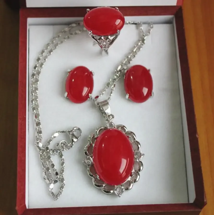 Wholesale 13*18mm silver plated red jadel ring, earrings &pendant fashion FINE Jewelry set
Wholesale 13*18mm silver plated red jadel ring, earrings &pendant fashion FINE Jewelry set