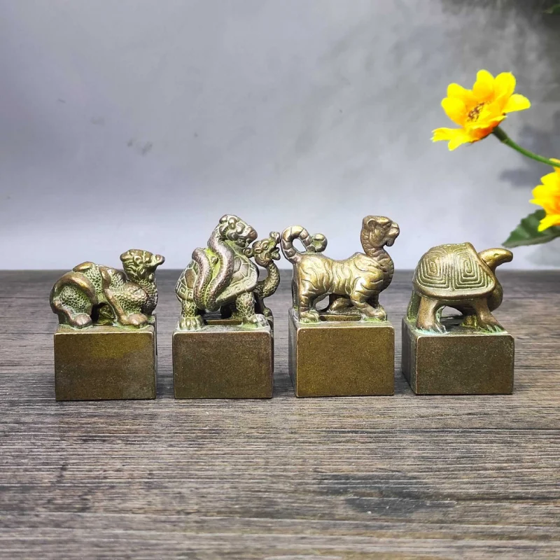 Antiqued brass four mythical beasts: Green Dragon, White Tiger, Vermilion Bird, Black Tortoise copper seal set, mother-and-child
Antiqued brass four mythical beasts: Green Dragon, White Tiger, Vermilion Bird, Black Tortoise copper seal set, mother-and-child