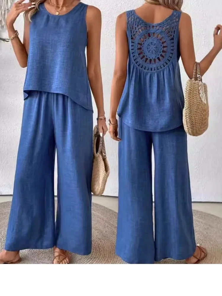 Summer Women's Hollow Out 2 Piece Sets Women Lace Sleeveless Top Wide Leg Pants Set Solid Color New Outfits Fashion Female
Summer Women's Hollow Out 2 Piece Sets Women Lace Sleeveless Top Wide Leg Pants Set Solid Color New Outfits Fashion Female