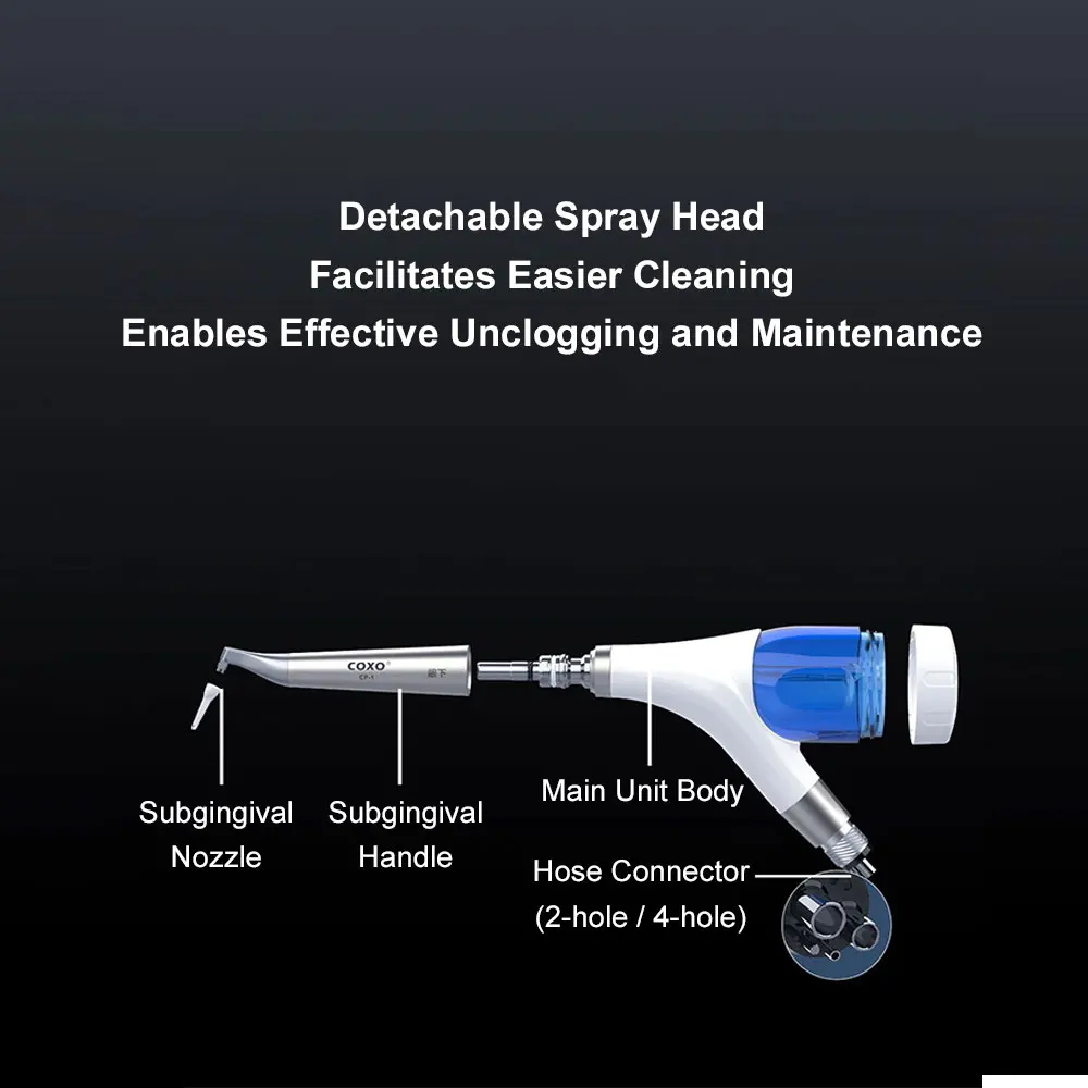 COXO CP-1 Dental Air Polisher 2/4 Holes 0.7mm Small Nozzle 360° Rotatable Teeth Cleaning Sandblasting Prophy Polisher
COXO CP-1 Dental Air Polisher 2/4 Holes 0.7mm Small Nozzle 360° Rotatable Teeth Cleaning Sandblasting Prophy Polisher