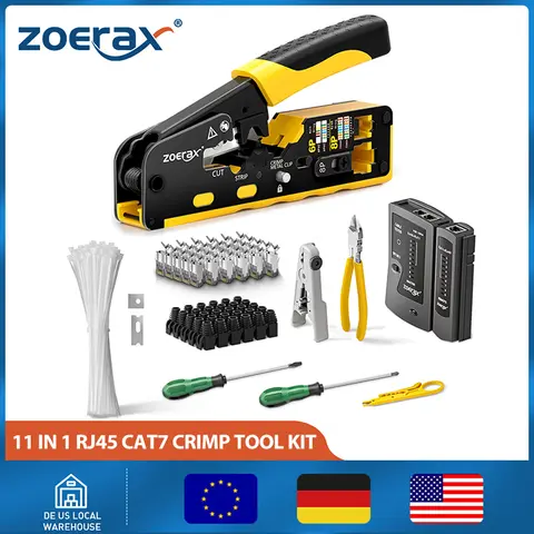 ZoeRax 11 in 1 RJ45 Cat7 Cat6A Crimp Tool Kit,Cable Tester,Wire Cutter,Blades Cat7 Connectors and Boots Cable Ties screwdrivers