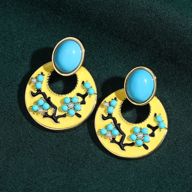 Vintage Turquoise Yellow Enamel Round Flower Earrings Plant Element Gold Color Trendy Art Deco Jewelry Luxury High Quality Gift
Vintage Turquoise Yellow Enamel Round Flower Earrings Plant Element Gold Color Trendy Art Deco Jewelry Luxury High Quality Gift