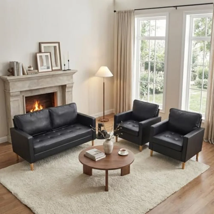 57" Small Black Faux Leather Sofa Couches 3 Piece Living Room Set Mid-Century Modern Tufted Comfy Loveseat 2 Seater Office Couc
57" Small Black Faux Leather Sofa Couches 3 Piece Living Room Set Mid-Century Modern Tufted Comfy Loveseat 2 Seater Office Couc
