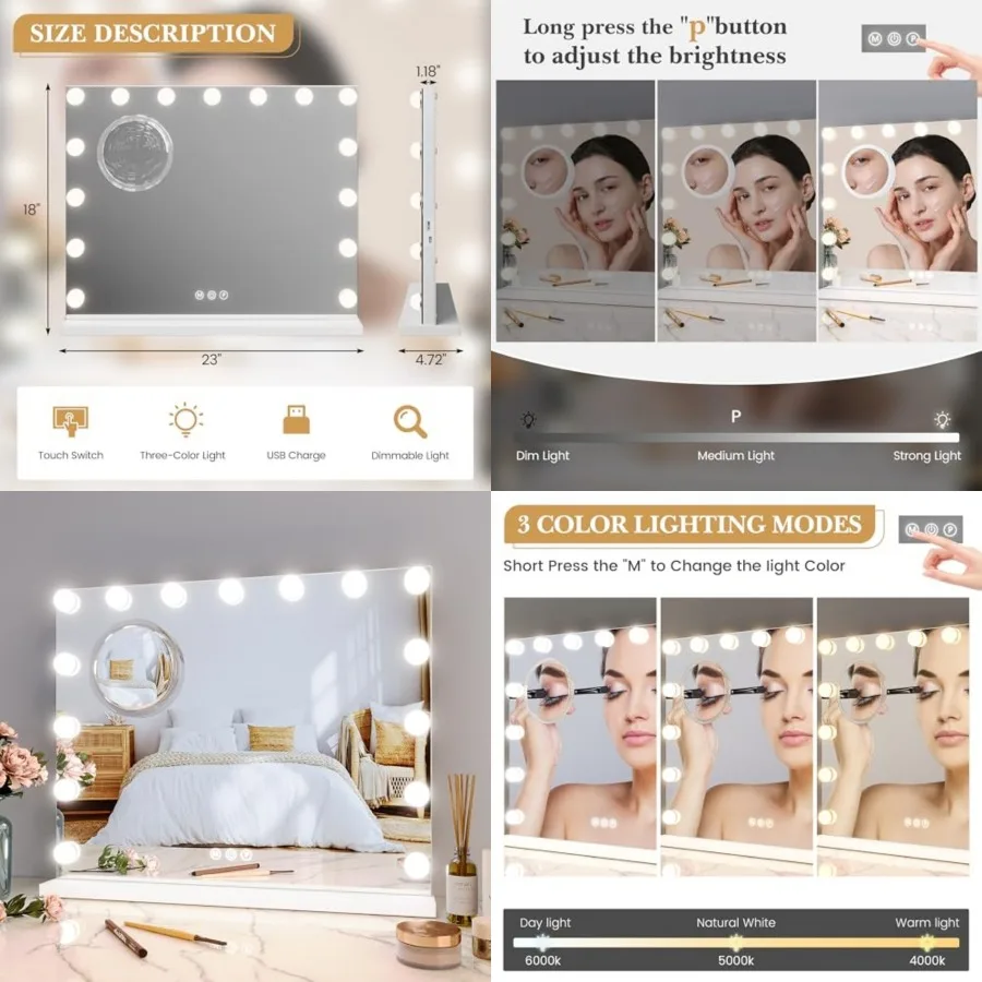 Vanity Mirror with Lights, Lighted Mirror with 15 Dimmable LED Bulbs, Makeup Mirror with 3X Magnification, 3 Colors Modes, Touc
Vanity Mirror with Lights, Lighted Mirror with 15 Dimmable LED Bulbs, Makeup Mirror with 3X Magnification, 3 Colors Modes, Touc