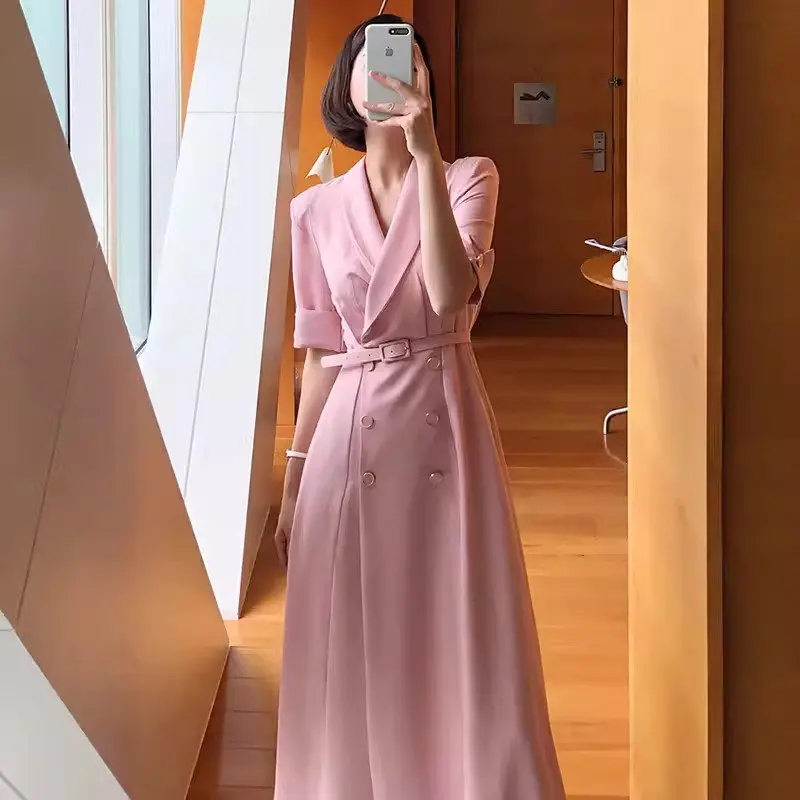 Korean Summer Elegant Suit Dress Office Light Mature Style Flip Collar Double Breasted Slim Fit Dress With Belt For Women K790
Korean Summer Elegant Suit Dress Office Light Mature Style Flip Collar Double Breasted Slim Fit Dress With Belt For Women K790