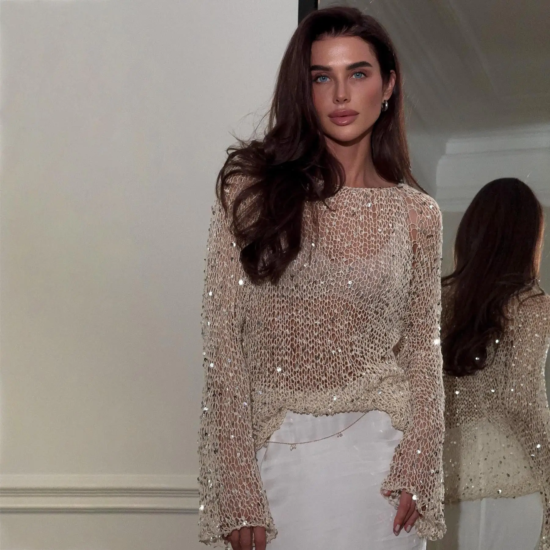 Женский вязаный топ с блестками и декором Long Sve irt для поездок на работу, тонкий однотонный цельный топ, зима 206 
Женский вязаный топ с блестками и декором Long Sve irt для поездок на работу, тонкий однотонный цельный топ, зима 206