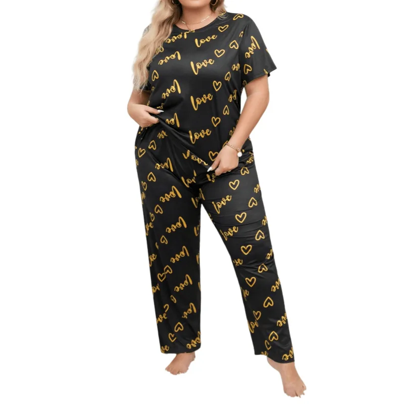 Increase the fattening love round neck short sleeve trousers women's pajamas set large size loungewear
Increase the fattening love round neck short sleeve trousers women's pajamas set large size loungewear