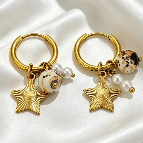 1Paris Stainless Steel Star Natural Stone Pendant Hoop Earrings Unisex Gift 18k Gold Plated DIY Ear Women Jewelry Wholesale Bulk