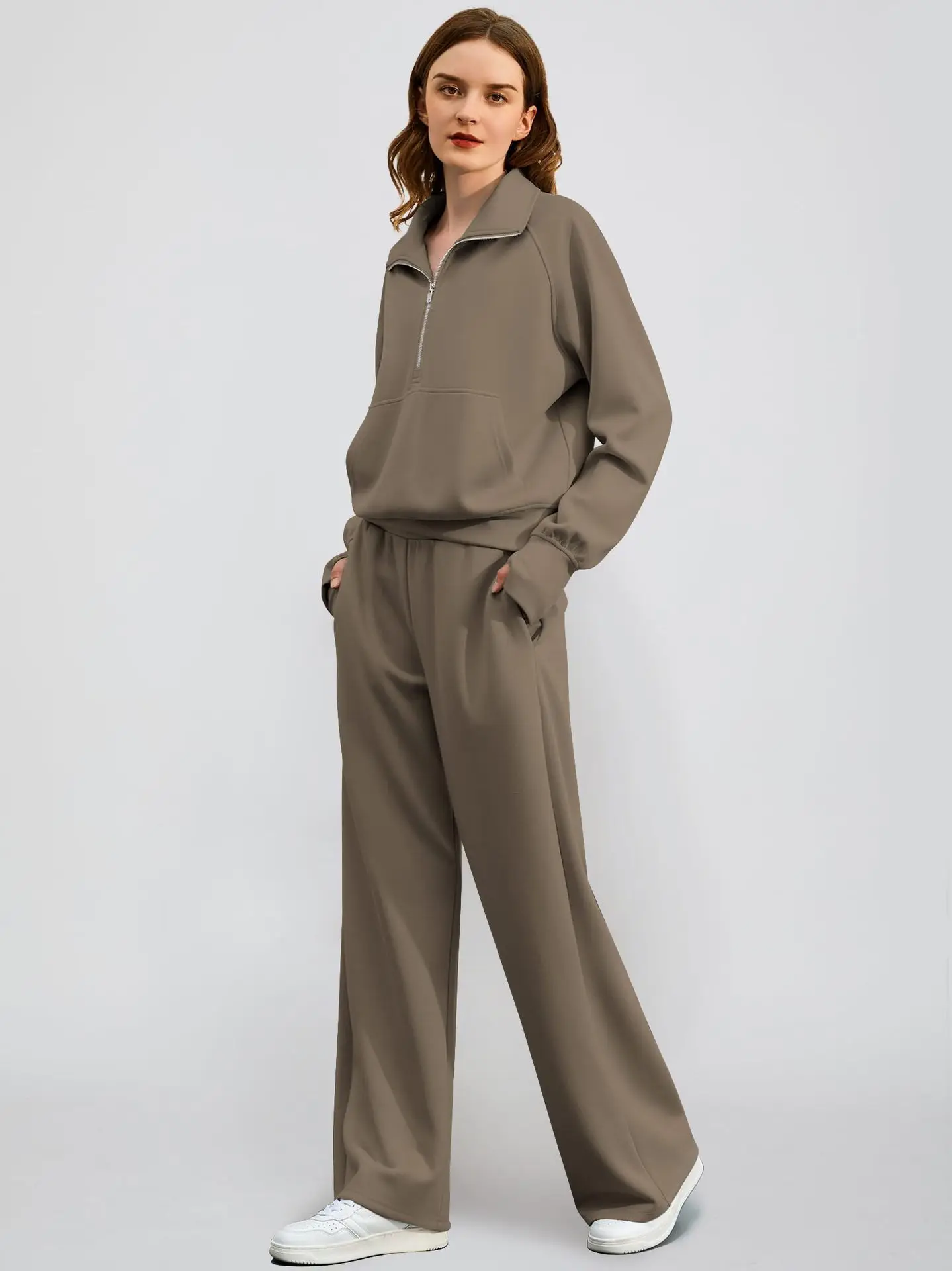 Woman Solid Color Half Zip Long Sleeve Sweatshirt and Wide Leg Pants Set Casual Sporty Two Piece Outfit
Woman Solid Color Half Zip Long Sleeve Sweatshirt and Wide Leg Pants Set Casual Sporty Two Piece Outfit