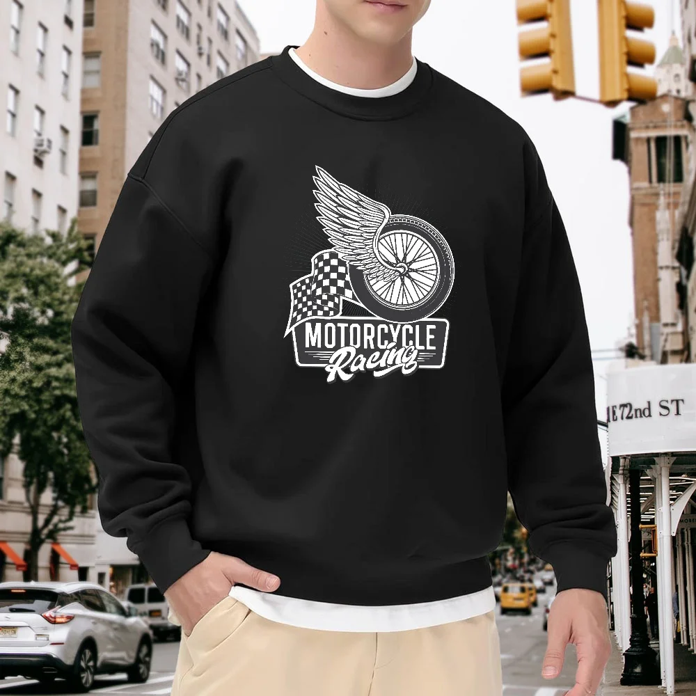 Men's Black Crew Neck Loose Sweatshirt with Motorcycle Racing Print Pattern, Casual Street Fashion Top, Versatile for Everyday Wear and Sports
Men's Black Crew Neck Loose Sweatshirt with Motorcycle Racing Print Pattern, Casual Street Fashion Top, Versatile for Everyday Wear and Sports