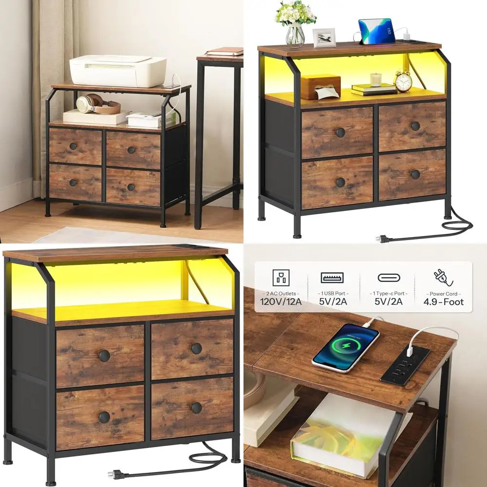 Rustic Brown and Black Nightstand with Charging Station, LED Light Strip, 4 Drawers, 2 Shelves for Bedroom
Rustic Brown and Black Nightstand with Charging Station, LED Light Strip, 4 Drawers, 2 Shelves for Bedroom