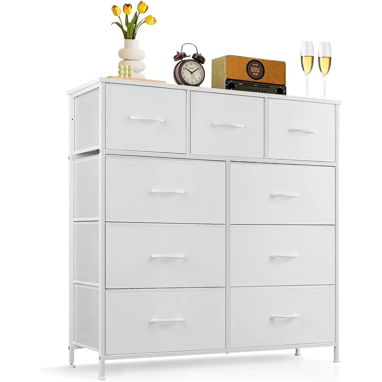 9-Drawer Dresser for Bedroom, Anti-Tip Tall Storage Organizer with Wood Top and Metal Frame Fabric Bins, White
9-Drawer Dresser for Bedroom, Anti-Tip Tall Storage Organizer with Wood Top and Metal Frame Fabric Bins, White