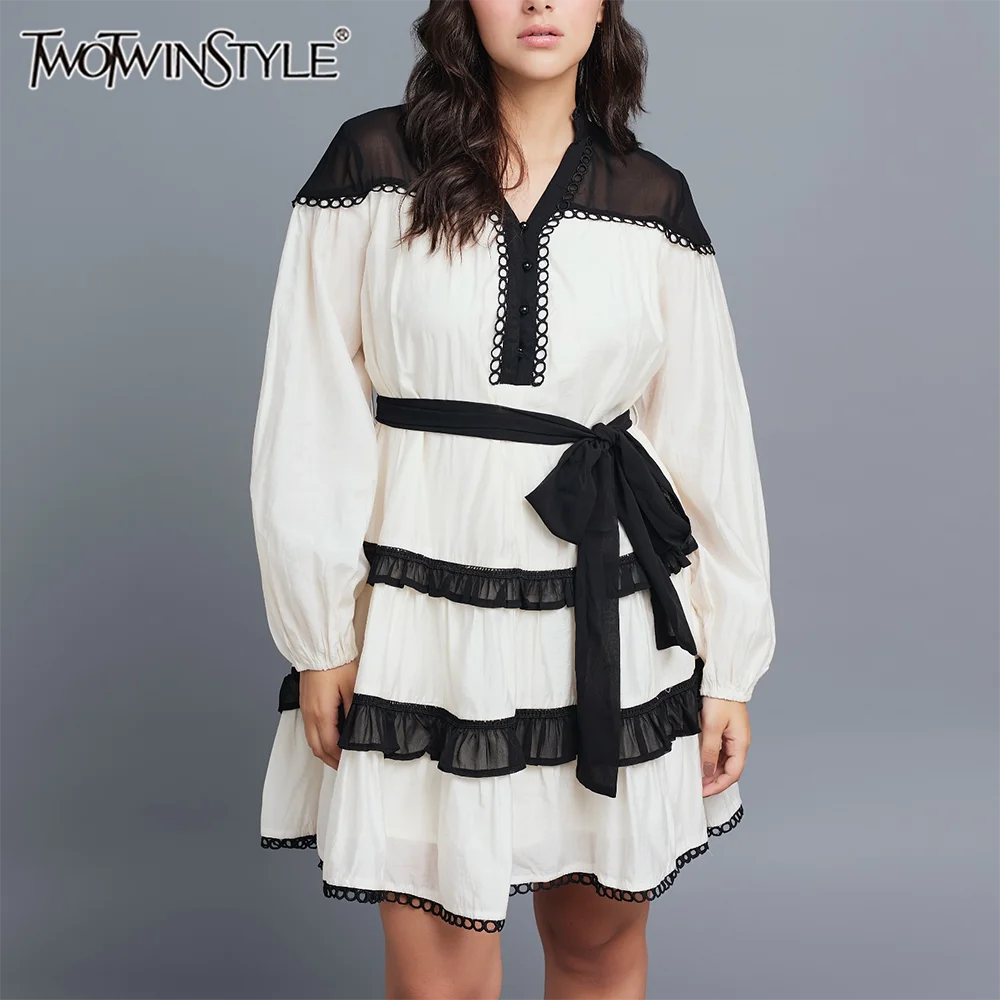 TWOTWINSTYLE Colorblock Spliced Lace Up Elegant Dresses for Women V Neck Long Sleeves Patchwork Ruffles Dress Female Cloting New
TWOTWINSTYLE Colorblock Spliced Lace Up Elegant Dresses for Women V Neck Long Sleeves Patchwork Ruffles Dress Female Cloting New
