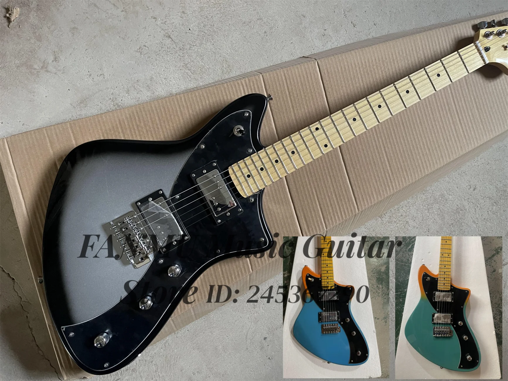 Silver electric guitar, black rimmed body, HH pickup, black guard, fixed bridge, maple neck, chrome tuner
Silver electric guitar, black rimmed body, HH pickup, black guard, fixed bridge, maple neck, chrome tuner