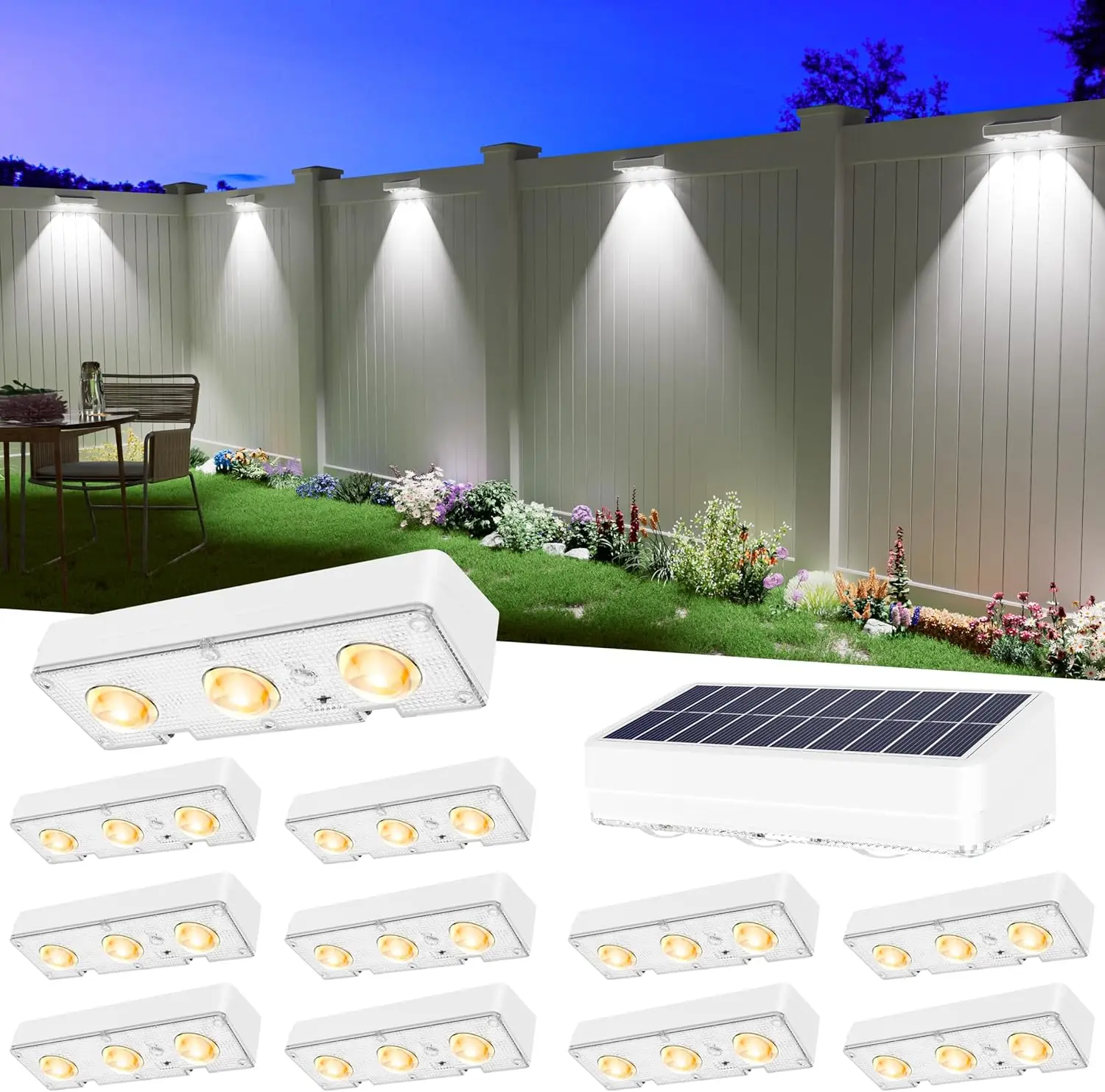 12Pack Solar Fence Lights Outdoor Waterproof LED, 1300mAh, Warm White & RGB Colors for Patio Backyard Deck
12Pack Solar Fence Lights Outdoor Waterproof LED, 1300mAh, Warm White & RGB Colors for Patio Backyard Deck