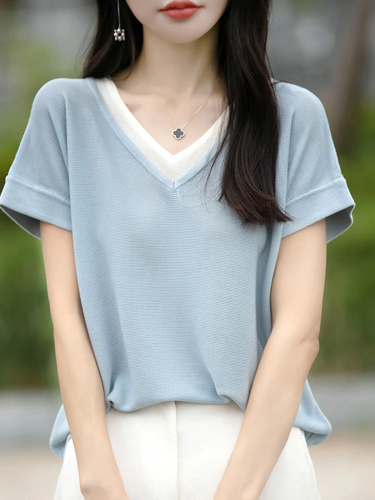 Casual Knitted Sweater V-Ne ort Sve Fake Two-Piece Women's Top oulder-Length Faionable Color Blo Summer
Casual Knitted Sweater V-Ne ort Sve Fake Two-Piece Women's Top oulder-Length Faionable Color Blo Summer