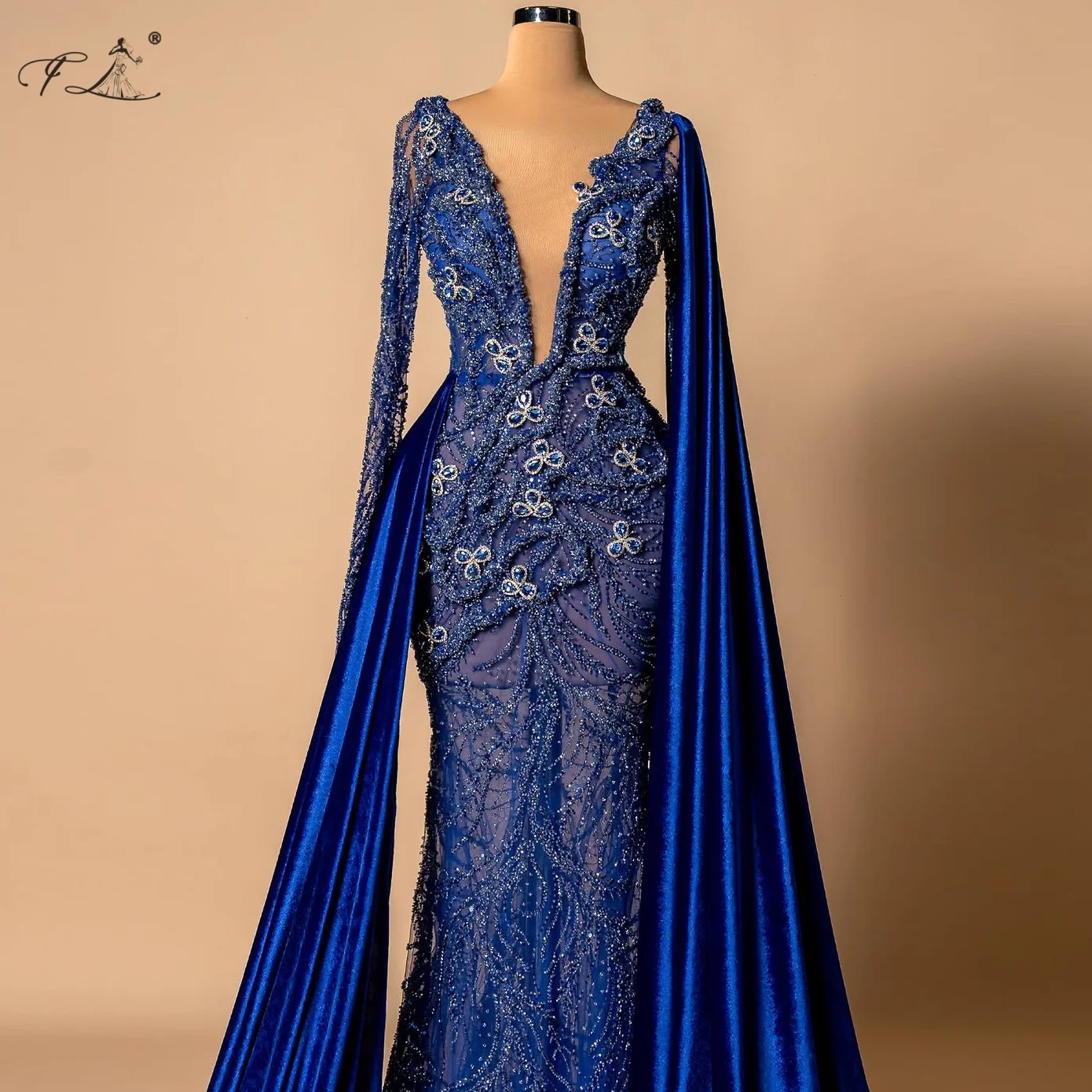 Luxury Evening Gown Royal Blue Sexy Deep V Mermaid Dress Crystal Beaded Party Dress With Cape Train Tulle Dress Customizable
Luxury Evening Gown Royal Blue Sexy Deep V Mermaid Dress Crystal Beaded Party Dress With Cape Train Tulle Dress Customizable