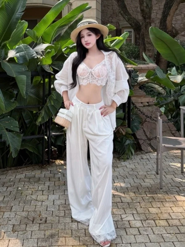Embroidered Hollow out Long Sleeve Shirt Belted Wide Leg Pants Three Piece Set Summer Thin Loose Casual Vacation Outfit for W...
Embroidered Hollow out Long Sleeve Shirt Belted Wide Leg Pants Three Piece Set Summer Thin Loose Casual Vacation Outfit for W...
