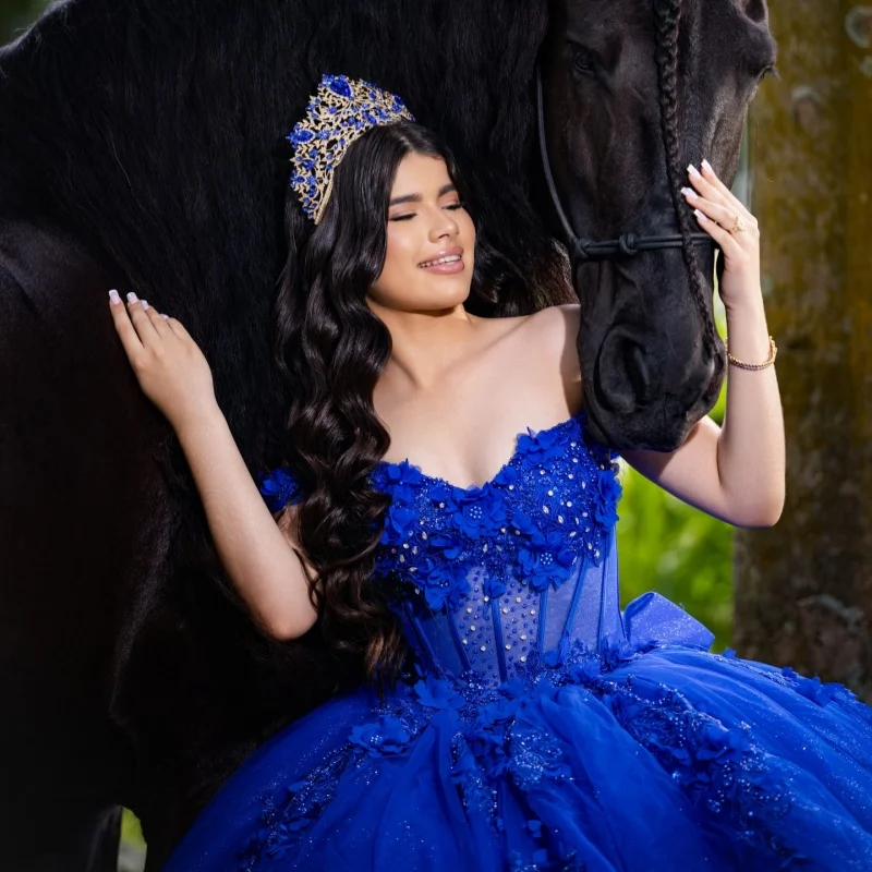 Royal Blue Quinceanera Dress off-shoulder Sequins Crystal Decal 3D Flower Long tail Bow vestidos de 15 Quinceanera Customize
Royal Blue Quinceanera Dress off-shoulder Sequins Crystal Decal 3D Flower Long tail Bow vestidos de 15 Quinceanera Customize