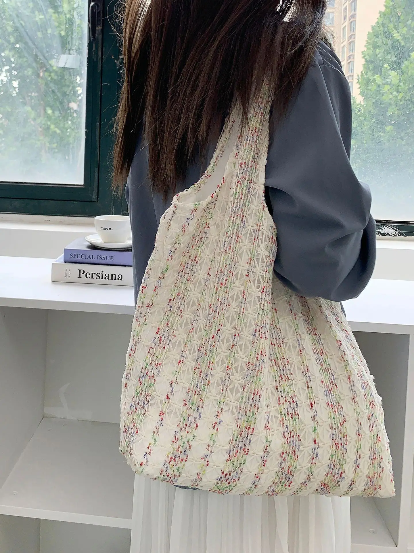 Neon Color Knitted Canvas Tote Bag for Women, Large Capacity Casual Shoulder Bag Fashion Commute School Bag for College Students Neon Color Knitted Canvas Tote Bag for Women, Large Capacity Casual Shoulder Bag Fashion Commute School Bag for College Students