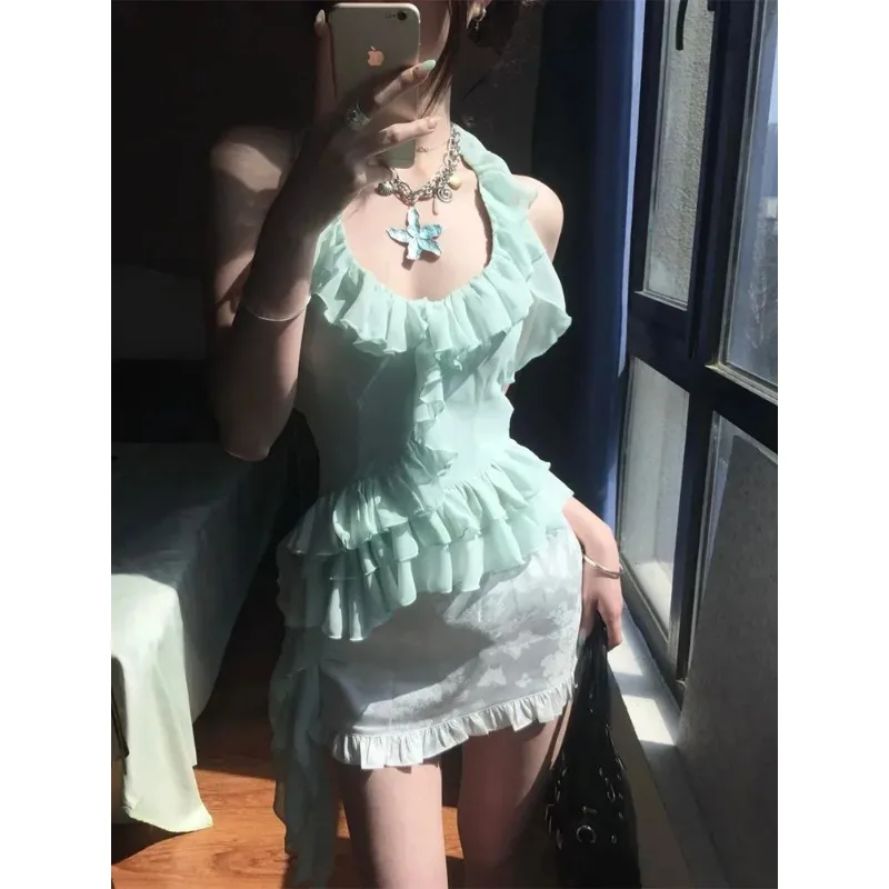 Women Summer Chiffon Halter Top Skirt Set Ruffle Irregular Slim Fit Mini Two Piece Outfit
Women Summer Chiffon Halter Top Skirt Set Ruffle Irregular Slim Fit Mini Two Piece Outfit