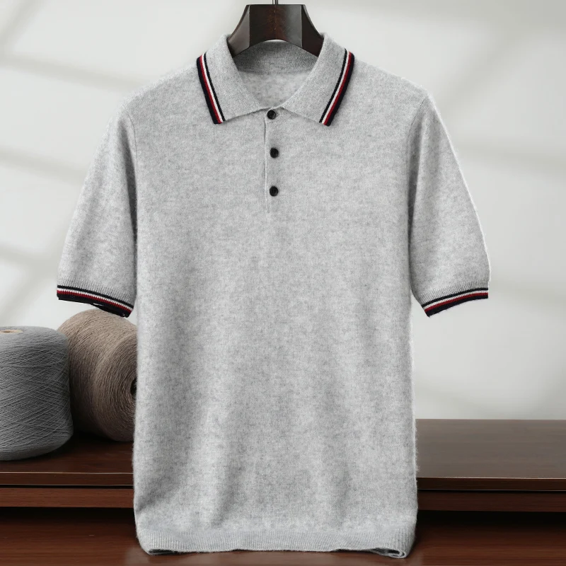 Spring Summer New Men's POLO Collar Knitted Short Sleeved 100% Cashmere T-Shirt Sweater Business Casual Loose Men's Tops Jumper
Spring Summer New Men's POLO Collar Knitted Short Sleeved 100% Cashmere T-Shirt Sweater Business Casual Loose Men's Tops Jumper