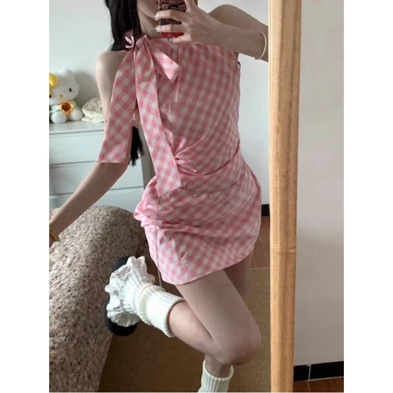 Pink Off-Shoulder Sleeveless Sweet Plaid Dress Summer New Bow Slim Fit French Style Short Dress
Pink Off-Shoulder Sleeveless Sweet Plaid Dress Summer New Bow Slim Fit French Style Short Dress