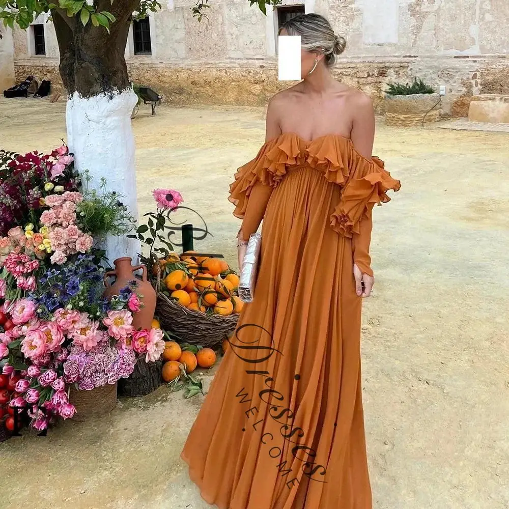 customized Orange Off Shoulder Ruffles Prom Dress A-line Floor-length vestidos de noiva Long Sleeves Formal Evening 2025
customized Orange Off Shoulder Ruffles Prom Dress A-line Floor-length vestidos de noiva Long Sleeves Formal Evening 2025