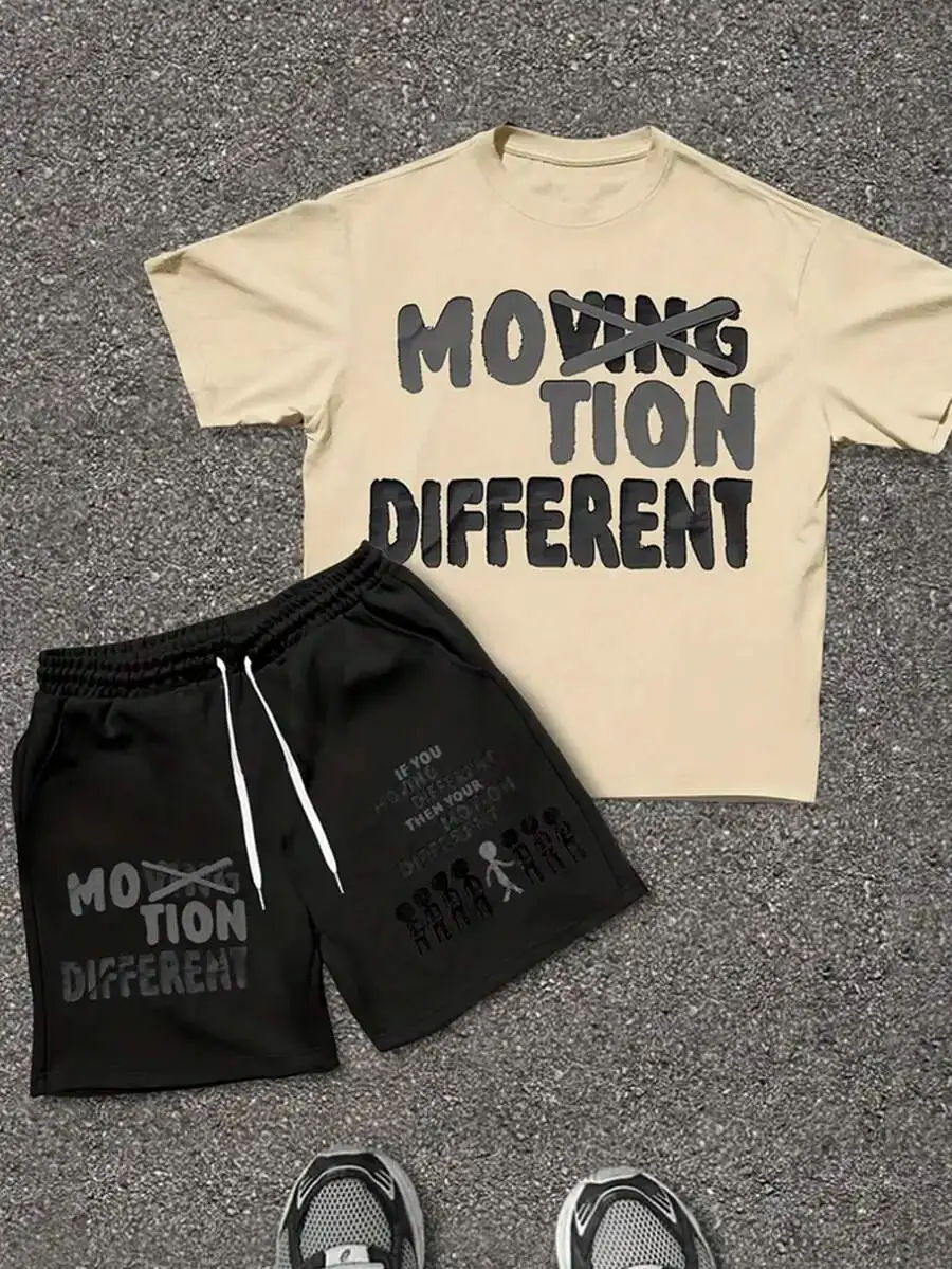 Mens 2-Piece Casual Set: Beige Graphic Tee & Black Drawstring Shorts, Streetwear Style, Spring Autumn Wear, Comfortable Print
Mens 2-Piece Casual Set: Beige Graphic Tee & Black Drawstring Shorts, Streetwear Style, Spring Autumn Wear, Comfortable Print