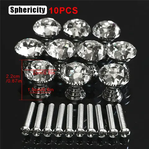10Pcs/Set 20mm Crystal Glass Knobs Cupboard Drawer Pull Handle Diamond Shape Kitchen Cabinet Door Wardrobe Handles Hardware