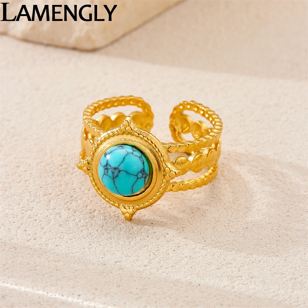 LAMENGLY 316L Stainless Steel Turquoise Inlay Retro Pattern Ring For Women 18k Gold Plated Open Ring Trendy Party Jewelry Gift
LAMENGLY 316L Stainless Steel Turquoise Inlay Retro Pattern Ring For Women 18k Gold Plated Open Ring Trendy Party Jewelry Gift