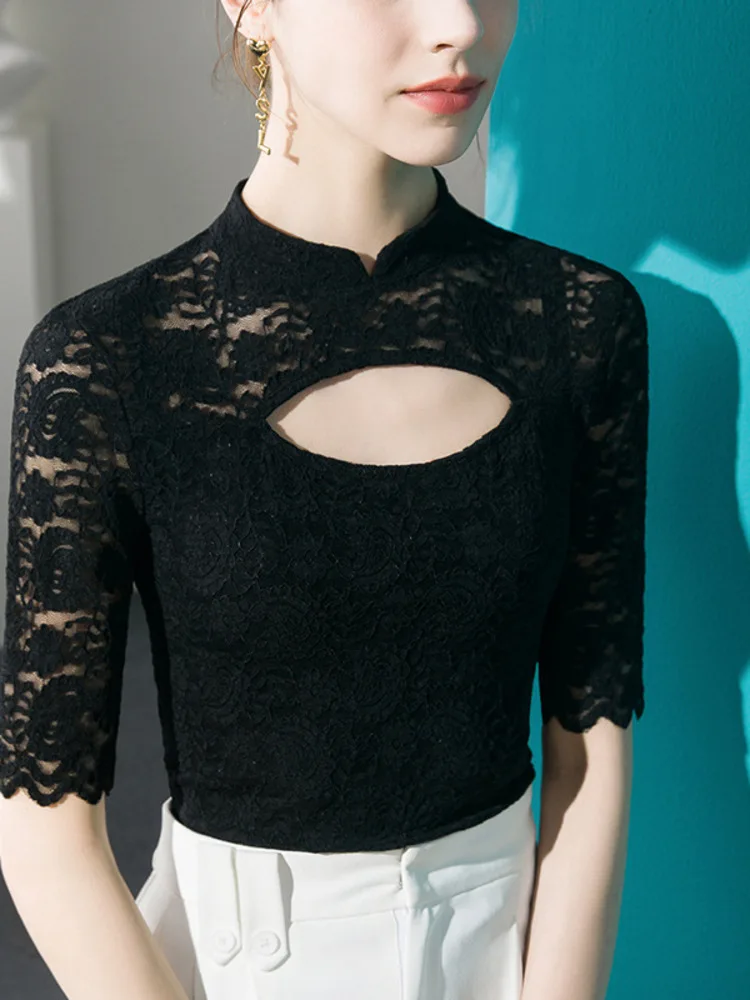 New Chinese Lace T-Shirt Women With Slim Cut And Hollow Out Sleeves, Sexy 2025 Spring/Summer New Mid Sleeve Top For Summer
New Chinese Lace T-Shirt Women With Slim Cut And Hollow Out Sleeves, Sexy 2025 Spring/Summer New Mid Sleeve Top For Summer