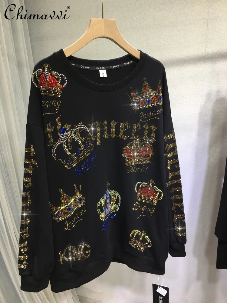 European Heavy Hot Diamond Sweatshirts Women Autumn and Winter New Luxury Crown Round Neck Loose Mid-length Black Hoodies Top
European Heavy Hot Diamond Sweatshirts Women Autumn and Winter New Luxury Crown Round Neck Loose Mid-length Black Hoodies Top