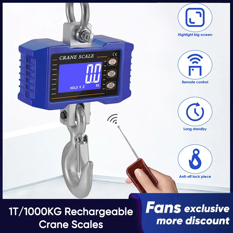 Rechargeable Digital Crane Scales 1000KG 1T Aluminum Industrial Heavy Duty Hanging Scale with Hook,LED Display,Remote Control
Rechargeable Digital Crane Scales 1000KG 1T Aluminum Industrial Heavy Duty Hanging Scale with Hook,LED Display,Remote Control