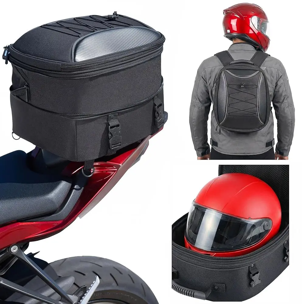 Free Shipping Motorcycle Tail Bag Fits Helmets, 22L-35L Expandable Hard Shell Waterproof Reflective Dual Rear Seat/Rack Bag Conv