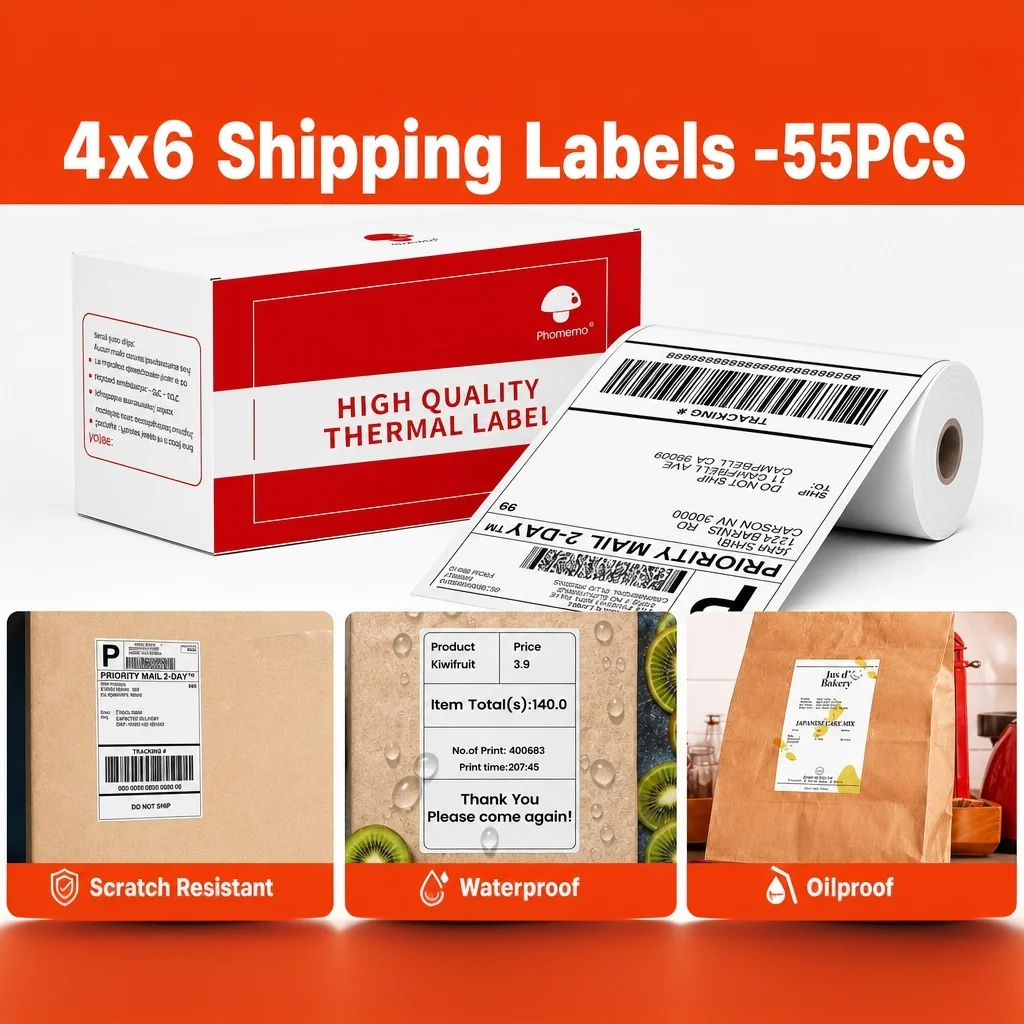 Phomemo 4x6 Shipping Labels -55PCS White 4"x6"Thermal Label Roll for M420 Label Printer,Water/Oilproof Thermal Paper
Phomemo 4x6 Shipping Labels -55PCS White 4"x6"Thermal Label Roll for M420 Label Printer,Water/Oilproof Thermal Paper