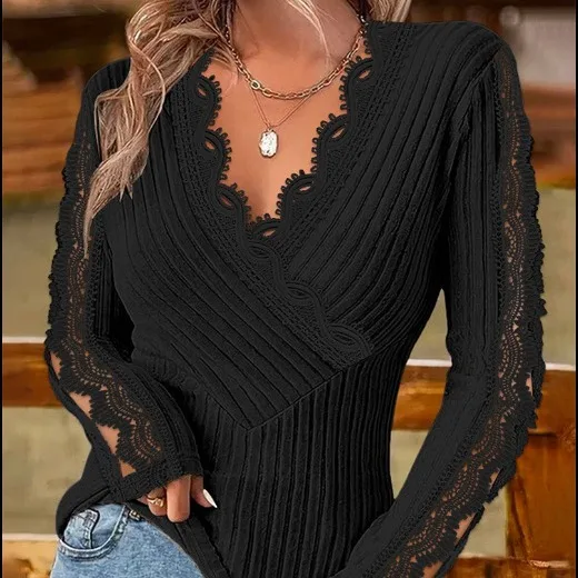 Women's Sexy Top V-Neck Lace Patch Long Sleeve T-Shirt 2025 Early Spring Latest Casual Crisis Cross Hollowout Skinny Daily Shirt
Women's Sexy Top V-Neck Lace Patch Long Sleeve T-Shirt 2025 Early Spring Latest Casual Crisis Cross Hollowout Skinny Daily Shirt