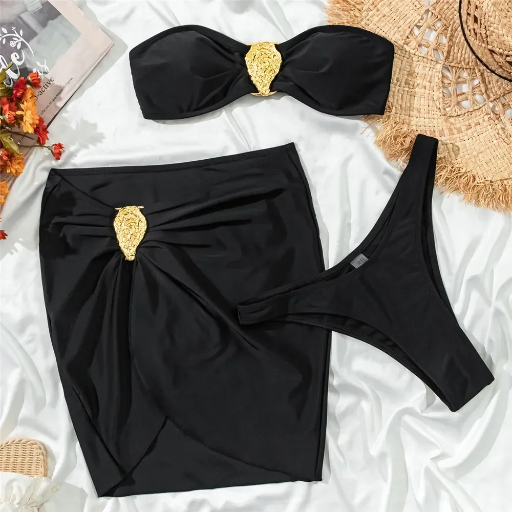 Solid Black Bandeau Bikinis Sets 3 Pieces Cover Up Metal Buckled Swimwear Sexy Swimsuit Women 2025 Beachwear Bikini Bathing Suit
Solid Black Bandeau Bikinis Sets 3 Pieces Cover Up Metal Buckled Swimwear Sexy Swimsuit Women 2025 Beachwear Bikini Bathing Suit