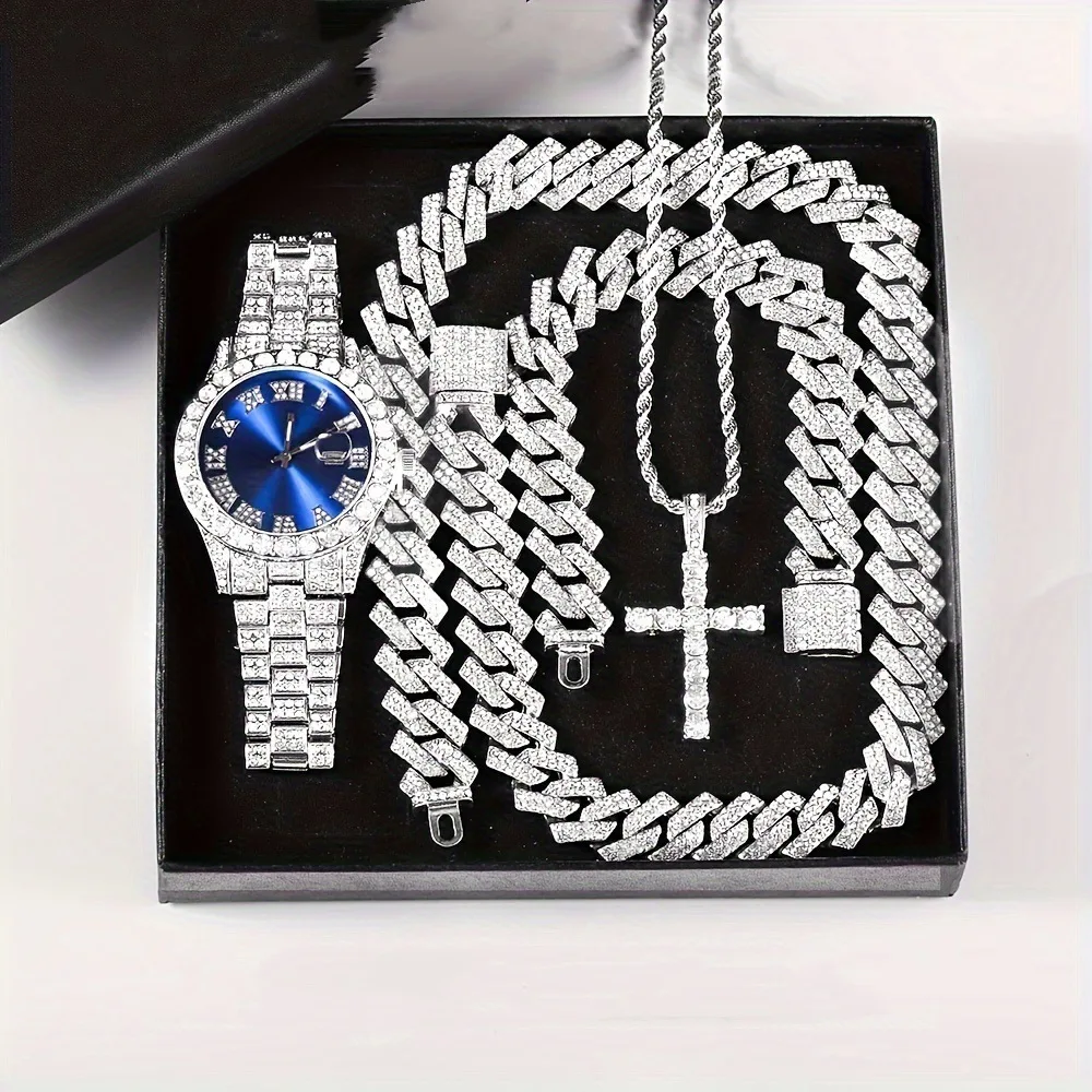 Men's Bling Jewelry Set: Iced Out Watch + Cuban Link Chain + Cross Pendant Necklace + Bracelet, 4Pcs Hip Hop Set
Men's Bling Jewelry Set: Iced Out Watch + Cuban Link Chain + Cross Pendant Necklace + Bracelet, 4Pcs Hip Hop Set