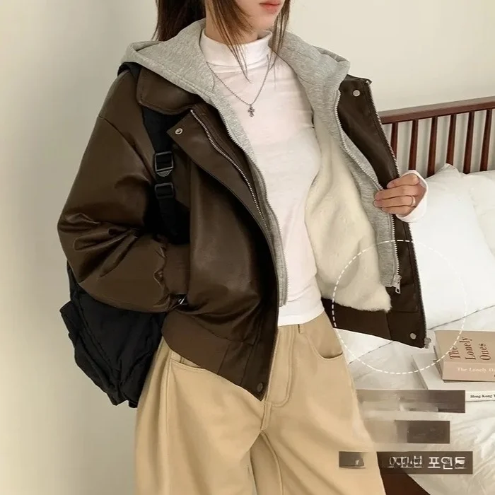 Women's Autumn Winter Fce Lined Hooded Jaet Casual Chic Korean Sle PU Leather Top Long Sve Loose Fit Commute Wear
Women's Autumn Winter Fce Lined Hooded Jaet Casual Chic Korean Sle PU Leather Top Long Sve Loose Fit Commute Wear