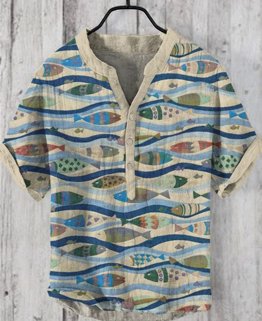 New men's short-sleeved casual linen shirt, casual top for daily wear, fish pattern printed clothing, size S to 5XL
New men's short-sleeved casual linen shirt, casual top for daily wear, fish pattern printed clothing, size S to 5XL